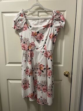 Hanpceirs White Floral Puff-Sleeve Dress w/Pink Rose Print. Size L Cottagecore